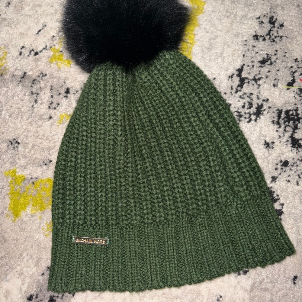 Michael Kors Olive Knit Beanie with Black Pom Pom
